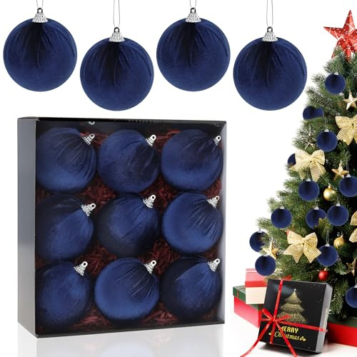 Gresorth 9 Pcs 3.15 Inch Navy Blue Velvet Christmas Ball Ornament Hanging Fabric Wrapped Flocked Sphere Model Crafted Lightweight Baubles Decoration Fireplace Banister