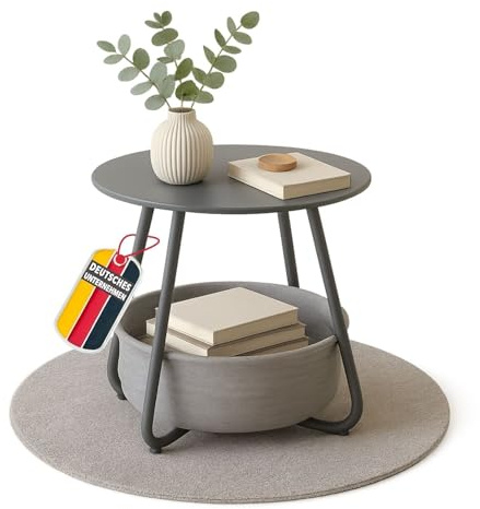 Coemo Couchtisch KOSI aus Metall Ø 45 x 45 cm mit Aufbewahrungskorb, Grau | Beistelltisch rund mit Ablage, Wohnzimmertisch im Vintage Style, Sofatisch, Gartentisch mit Stoffkorb, zerlegt