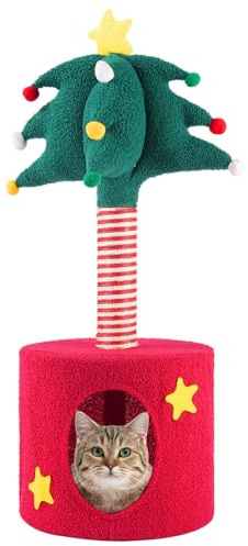 Novelfun Columnas rascadoras para gatos con árbol de Navidad decorativo para gatos con cueva para gatos, juguete interactivo para gatos pequeños de interior