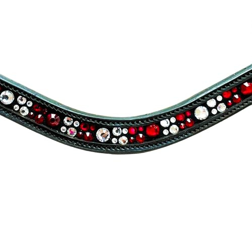 Leone Equipment Stirnriemen Pferd Leder mit roten und silbernen Steinen – Glitzer Stirnband für Trense – Hochwertiges Lederstirnband mit Klettverschluss, passt auf alle Trensen. (Cob)