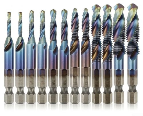 1/4 Zoll für HSS Titanbeschichteter Sechskantschaft Bohrer Set für M10 Gewindeschneiden, 12-teiliger Gewindebohrer mit breiter Spiralnut, kompatibel mit Elektrowerkzeugen