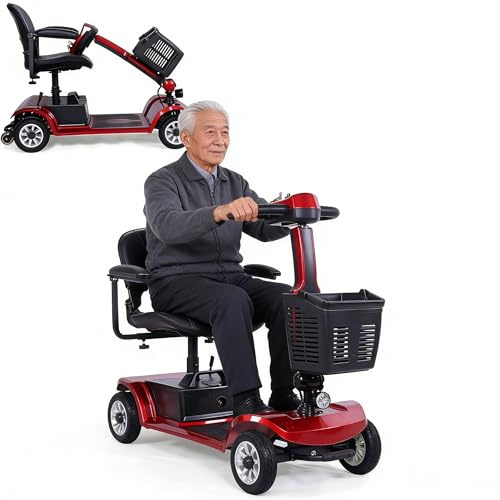 Faltbarer Elektromobil-Roller, 4-rädriger Geländegängiger Elektroroller mit Verdeck und Korb, stabiler Mobilitätsroller mit pannensicheren Reifen