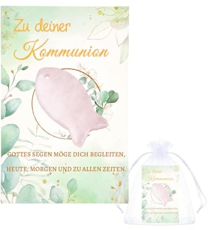 Kommunion geschenke für mädchen, Kommunionsgeschenk | Erstkommunion Geschenke mit Fisch Edelstein, Kleines Kommunion Gastgeschenke mit Eukalyptuskranzkarte und Geschenktüten