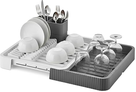 DIVCHI Dishes Drying Rack for Kitchen, Space-Saving Dish Drainer with Cutlery Holder, Plastic Dish Rack & Utensil Holder Everyday Kitchen Essential Daily Dish Drying and Household Accessories, Grey