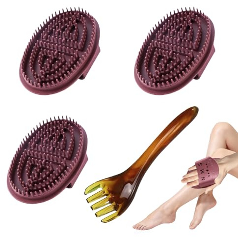 Set 4 Pièces Brosse Massage Méridiens avec Peigne Massage 5 Griffes Ambre Gua Sha Corps Drainage Lymphatique Relaxation Totale