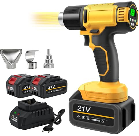 Écran LCD Décapeur Thermique Sans Fil avec 2 Batteries 2.0 Ah, 4 Vitesses de Vent Pistolet à Air Chaud Sans Fil avec Température Réglable 60-540 ℃, 3 Buses Incluses pour Soudure, Cintrage de Tuyau