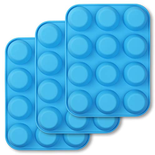 homEdge Muffin in silicone da 12 tazze, confezione da 3 stampi antiaderenti per muffin, teglie per cupcake, crostate, bocconcini di uova, blu