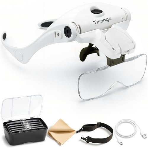 TMANGO Rechargeable Lighted Headband Magnifier – Hands-Free Magnifying Tool for Jewelry, Eyelash Extensions, Watch Repair, Cross Stitch and Crafts