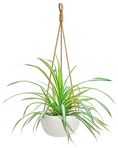 BELLE VOUS Hängetopf für Pflanzen aus Keramik Weiß für Innen/Außen – Blumentopf Hängend 69cm – Blumentopf Keramik Hängepflanzen Topf Blumentöpfe zum Aufhängen mit Seil als Deko im Garten & Wand Deko