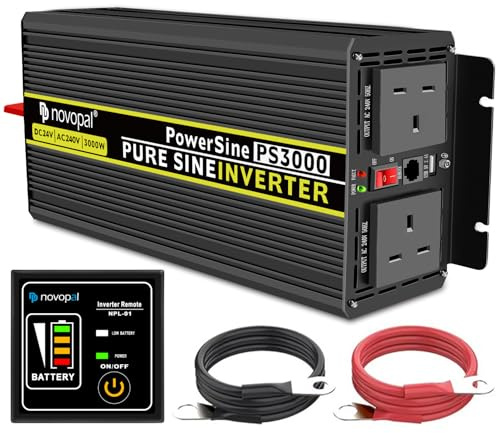 Novopal 3000W 6000W Pure Sine Wave Inverter 24V DC to 240V AC Power Converter with 2 UK Sockets,1 USB,16.4FT Remote Control, 2 Cooling Fans,for RV,Boat,Truck,Camping,Home