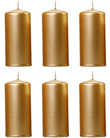 DekoHaus Stumpenkerzen Metallisch Gold 12 cm x 6 cm – 6 Stück Kerzen, Brenndauer ca. 20 Std, Metallic Kerzen für Hochzeit, Geburtstag, Weihnachten, Dinner, Party