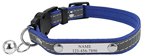 Mogokoyo Katzenhalsband mit Namen und Telefonnummer Personalisiert Reflektierend Katzenhalsband mit Sicherheitsverschluss Glöckchen Verstellbar Halsband für Katze Kitten (Blau)