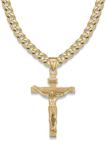Jewow Collar para Hombre Colgante de Jesús Cristo Cruz Acero Inoxidable, 7mm Ancho Cadena