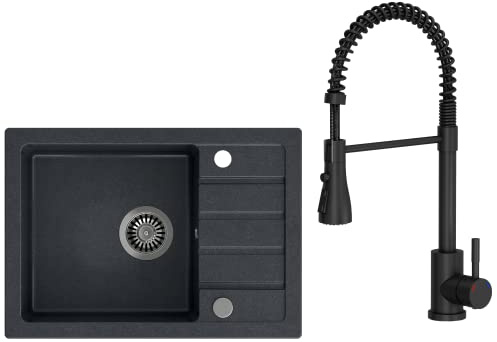 VBChome Spülbecken mit Armatur 62 x 44 cm Schwarz Spüle Einzelbecken Küche Einbauspüle Verbundspüle Küchenspüle gesprenkelt flächenbündig Siphon Waschbecken Armature Schwenkauslauf, Federauslauf