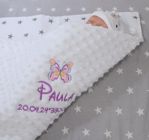 Personalisierte Babydecke mit Namen – Weißer Plüsch & weiße Baumwolle mit grauen Sternen – Bestickt, Warm & Wintergeeignet, 75x100 cm – Geschenk zur Geburt & Taufe (Weiß - Sternen 3, 75 x 100 cm)