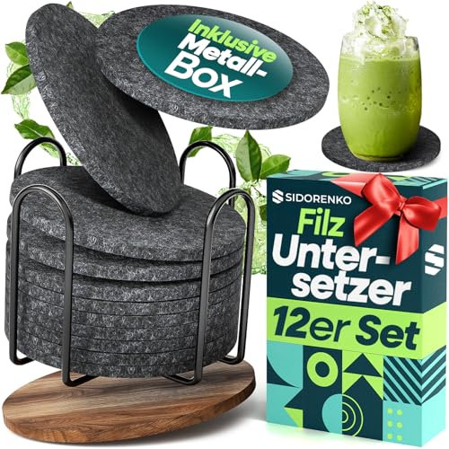 Loco Bird Untersetzer Gläser Filz 12 Stück mit Halter - Filzuntersetzer in grau – Glasuntersetzer für Getränke – Tischuntersetzer Set – Getränkeuntersetzer – Coasters for Glasses