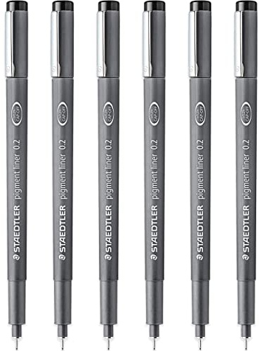 STAEDTLER 308 02-9 Pigmentliner-Fineliner, 0,2 mm Spitze, schwarze Tinte, 6 Stück