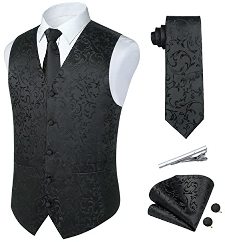 Rithern Chaleco Hombres Negro Paisley Floral Corbata de seda Bolsillo Pañuelo cuadrado Conjunto con gemelos y Clip de corbata Conjunto para boda Fiesta Traje de negocios Conjunto de chaleco 2XL
