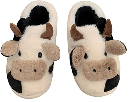 Jerzmy Fuzzy House Cow Slippers for Women Men, Cozy Warm, Size Us 9-9.5