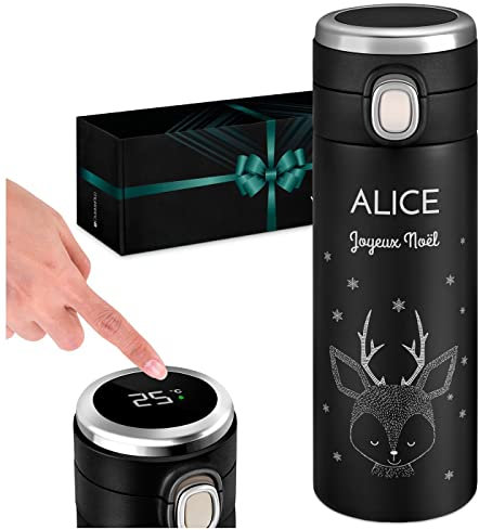 Maverton Mug de voyage isotherme avec motif de Noël - Thermos 400ml personnalisé pour femme - Tasse en inox avec Afficheur de température LED - Souvenir de Noël pour elle - Renne