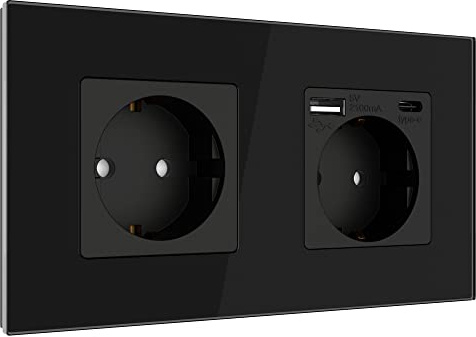 PULSAR USB-C USB-A SteckdoseUnterputz Glas Schwarz 2-Fach, Schnellladen | Steckdose USB-C USB-A 2-Fach Glas Schwarz - Doppelsteckdose Unterputz mit 2 USB-Schnittstellen max 20W Schnellladen