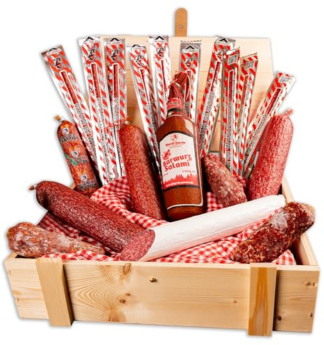 WURSTBARON® Salami Wurst Geschenkbox aus Holz mit Salamispezialitäten
