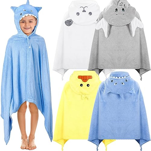 Preboun 4 Pcs Kids Hooded Bath Towel Set 55'' x 27.5 Large Hooded Towel for 3-10 Boy Girl Bath Wrap(Blue, White, Gray, Yellow,Beluga Whale, Bear, Elephant, Duck)