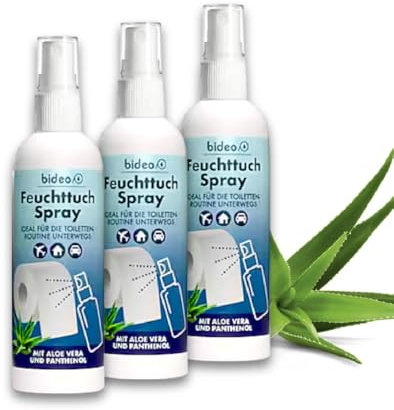 bideo® Feuchttuchspray 100ml - Hygienische Reinigung mit nur einem Sprühstoß auf das Toilettenpapier, (umweltfreundliche Alternative für Feuchttücher) erfrischend & pflegend (100ml – 3er Set)