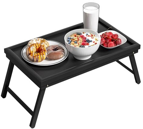 EXABANG Vassoio per la colazione, in bambù, pieghevole, con piedino, tavolo pieghevole (50 x 30 x 23 cm, nero)