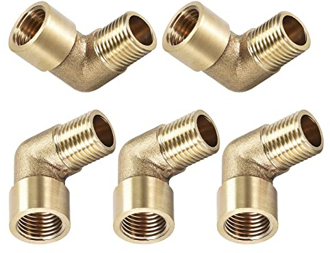 DTGN 1/4 BSP X1/4 BSP(Macho x Hembra) 90 Grados Codo Tubería Accesorio - 5 Paquete -Bueno para Agua Tubería Sistema - Latón Tubo Accesorios - Dorado Tono