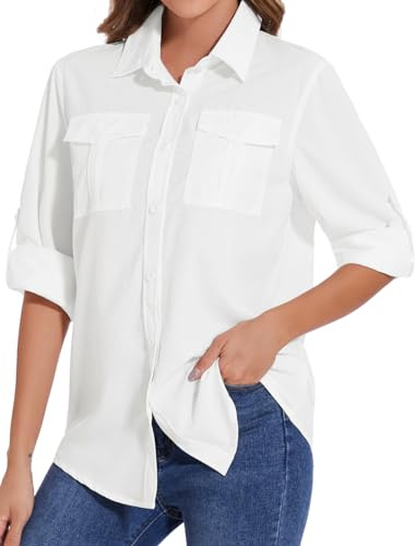 Tuopuda Chemisier Femme Chic Élégant Blouses UPF 50+ Protection Solaire T-Shirt Chemise Col en V avec Boutons Respirant Tunique Haut Manches Longues Décontracté Tops Randonnée Safari, Blanc, XL