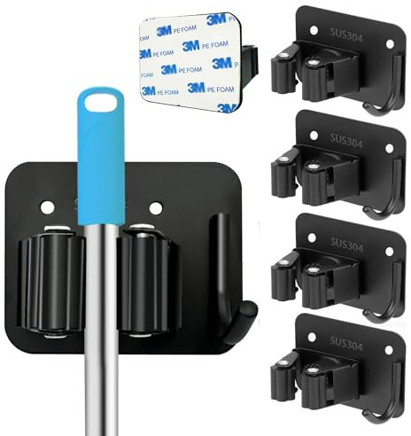 HAOYOWJY Mop and Broom Holder Wall Mount Stainless Steel 304 Tool Garage Organization Command Rack Screw and Self Adhesive 3m Broom Hanger Heavy Duty 4pcs (4pcs，black), TBJ001