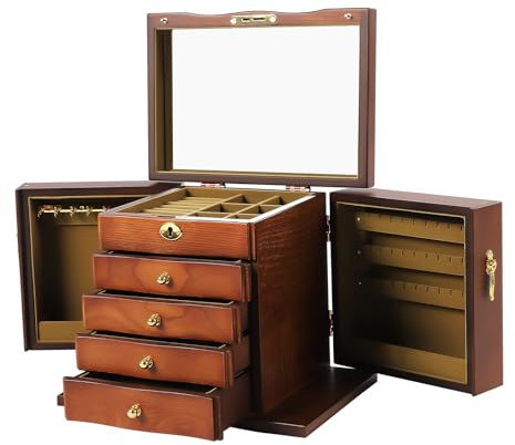 KiwiHood Holz Schmuckschatulle 5-Tier Große Schmuckschatulle Organiser Box Abschließbare Retro Schmuckschatulle mit Schubladen-Spiegel für Ringe, Ohrringe, Halsketten und Zubehör