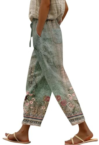 RMBLYfeiye Leinenhose Damen High Waist Musterdruck Stoffhose Mit Taschen Elastische Taille Sommerhose Baumwoll Leinen Jogpants Tunnelzug Weite Hose Dreiviertel Wide Leg Freizeithose Stretch Palazzo