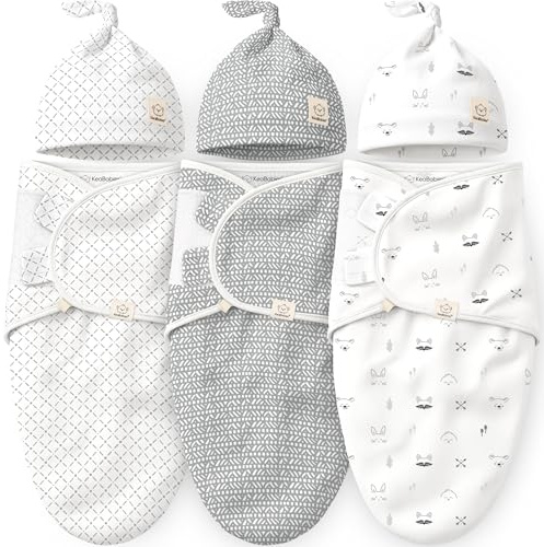 KeaBabies 3-Pack Bio Pucksack für Neugeborene Mädchen, Jungen mit Hüten - Baby Swaddle aus weicher Baumwolle 0-3 Monate, Atmungsaktive Pucksack Baby 0-3 Monate, Neugeborene Essentials (Nordic, OS)