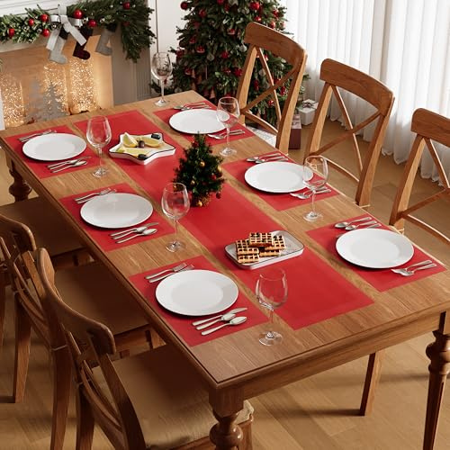 Famibay Tischläufer und Platzsets Weihnachten Platzsets Abwaschbar 6er Set mit Tischläufer 180cm Lang Platzset Hitzebeständig TischLäufer Weihnachten Rot für Küche Zuhause Speisetisch Hotel
