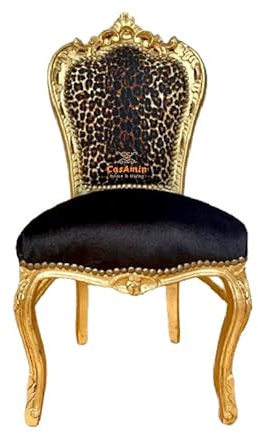 CasAmin Home & Living Accent Chair Louis XV Baroque Style Dining Chair Black Velvet Leopard Print in Gold Finish