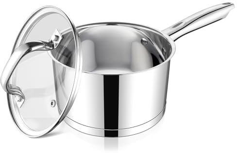 Homikit Casserole à manche en acier inoxydable de 16 cm, avec couvercle en verre, pour induction, casserole à lait de 1,9 l avec fond à 3 couches pour tous les types de feux, convient pour la cuisson,