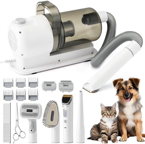 TirEurt Staubsauger für Haustiere - 2.5L Großes Fassungsvermögen Geräuscharm 48dB Hund Staubsauger, Pet Grooming Kit mit Haar Vakuum Clipper Bürste Reinigungswerkzeug für Hund Katze (US Stecker)