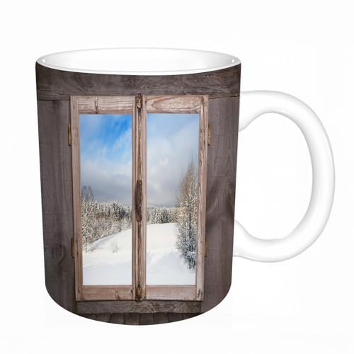 KDWJS Tasse Keramik Kaffeetassen Große 11oz Tassen 330ml Trinkgläser Mit Griff Personalisierte Geschenk Weiß,Rustikale Winterszene aus einem Holzfenster im Country-Schnee-Vintage-Design, Oran