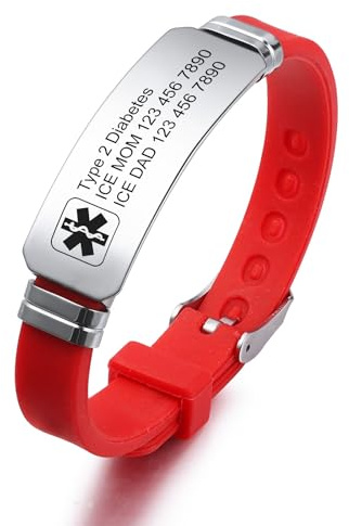 INBLUE Braccialetti di Allarme Medico Personalizzati per Uomini Braccialetti ID di Emergenza Braccialetti in Silicone Regolabili con Incisione Testo Braccialetti ID per Anziani