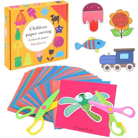JALEVID Kit de Découpe de Papier pour Enfants, 2 Pcs Ciseaux en Plastique pour Enfants 96pcs Feuilles de Papier Kit d'activités Jouet éducatif Pour la maternelle, la Crèche, le Bricolage