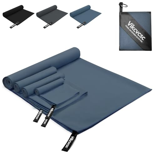 Vikcvcsc Asciugamani Microfibra Set di 4 Asciugamani Palestra,Telo Mare Microfibra Ultraleggero e Compatto,Asciugamano in Microfibra da Viaggio Sport Spiaggia(Blu Marino,180x80cm+2pcs 80x40cm+40x30cm)