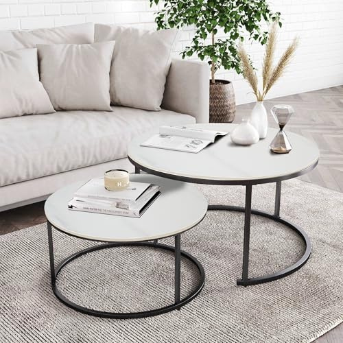 G-LEAF Set mit 2 Runden Beistelltischen/Satztische-Weißes Marmor Tischplatte & Schwarz Metallrahmen | Modernes Nesting Couchtische für Wohnzimmer, Schlafzimmer, Dekoration (Ø 60cm/Ø 40cm)