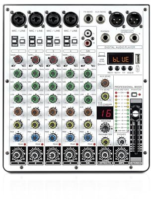 SBCGFY Mezclador de Audio, Mezclador de Sonido para DJ, Mezclador de Audio de 6 Canales, Mezclador de DJ con Interfaz de Audio USB, función, 16 Efectos DSP y Ecualizador de 3 Bandas.