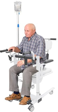 Patientenlifter Transferstuhl, tragbarer Duschrollstuhl HöhenverstellbarToilettenstuhl mit Rollen Bis 100 kg Belastbar Nachtstuhl Badezimmerrollstuhl mit Rollen für Senioren Behinderte