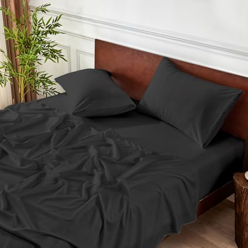 Meteorwi Home - Juego de Sábanas 4 Piezas 135x200cm - Microfibra Suave Transpirable - Sábana Bajera Ajustable, Sábana Encimera y 2 Fundas de Almohada (Negro, Cama 135)