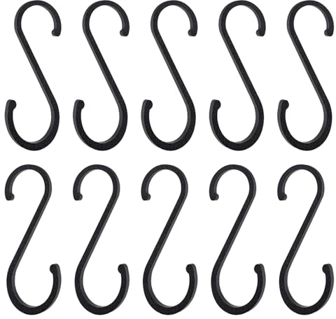 TRACOMPAN S Hooks for Hanging 10pcs Black Aluminum Alloy Anti-Rust Heavy Duty S Shaped Hooks for Kitchen, Bathroom, Garden & Outdoor | Hanging Pots/Pans/Utensils/Bags/Clothes | 15kg Weight Capacity