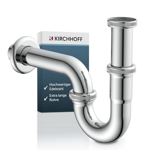 KIRCHHOFF Siphon Waschbecken PLUS, Siphon mit extra langem Abflussrohr und Tauchrohr, Universal Syphon mit Standardanschlussmaßen 1 1/4 und 32mm, 98801120