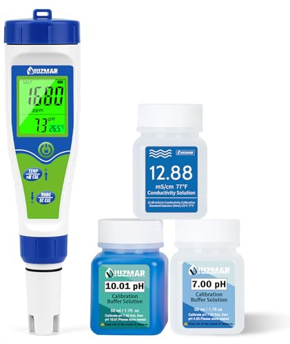 UIUZMAR Medidor de pH y Sal para Piscinas con Solución de Calibración, Digital de pH y Salinidad para Piscinas de Agua Salada, Medidor de Temperatura 5 en 1 para Acuarios, Hidroponía y Spas